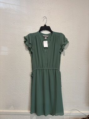 H&M Sage Green Midi Dress with Ruffle Sleeves